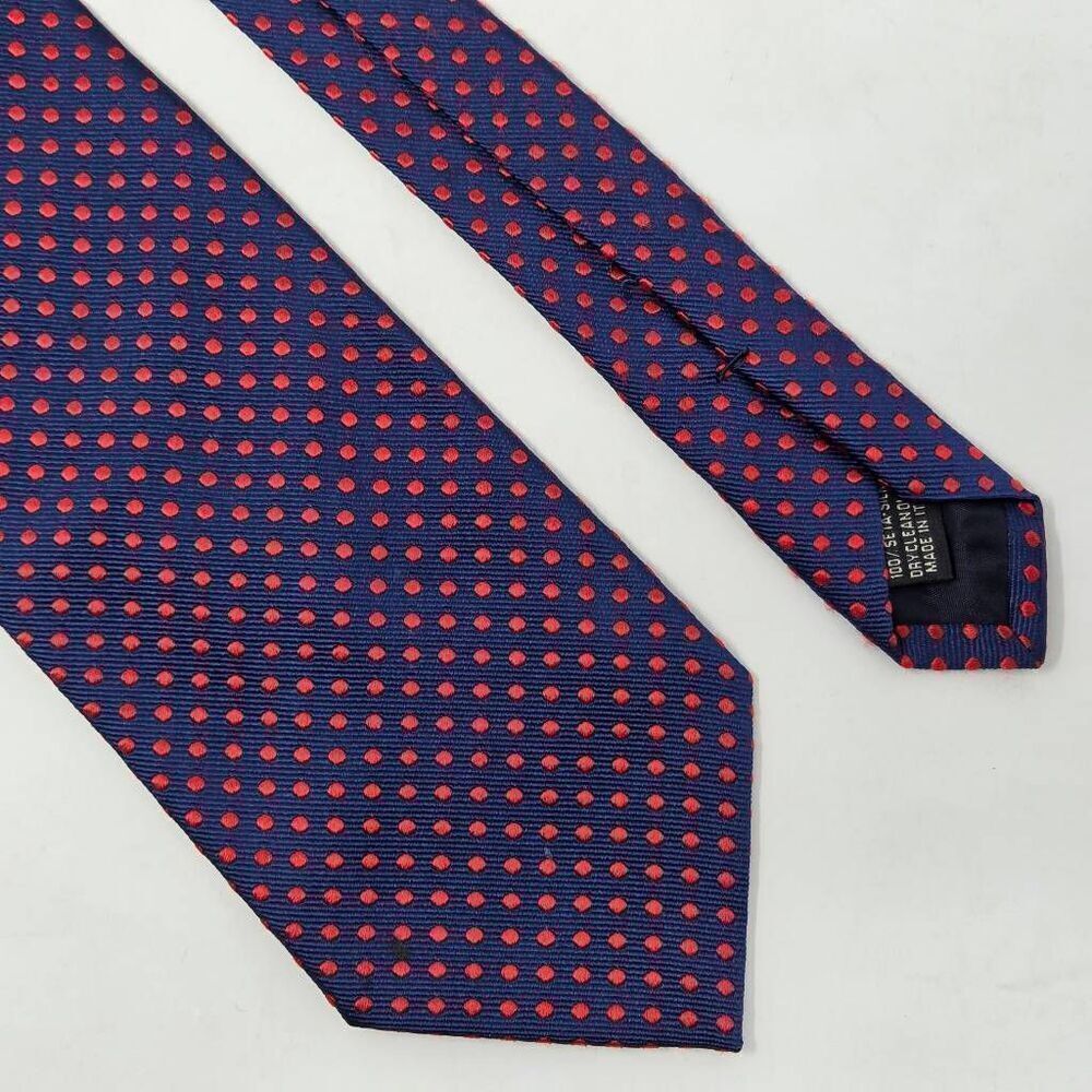 VILLA PONTI MADE IN ITALY SILK TIE BLUE RED POLKA DOT SATIN 3.75" X 60"